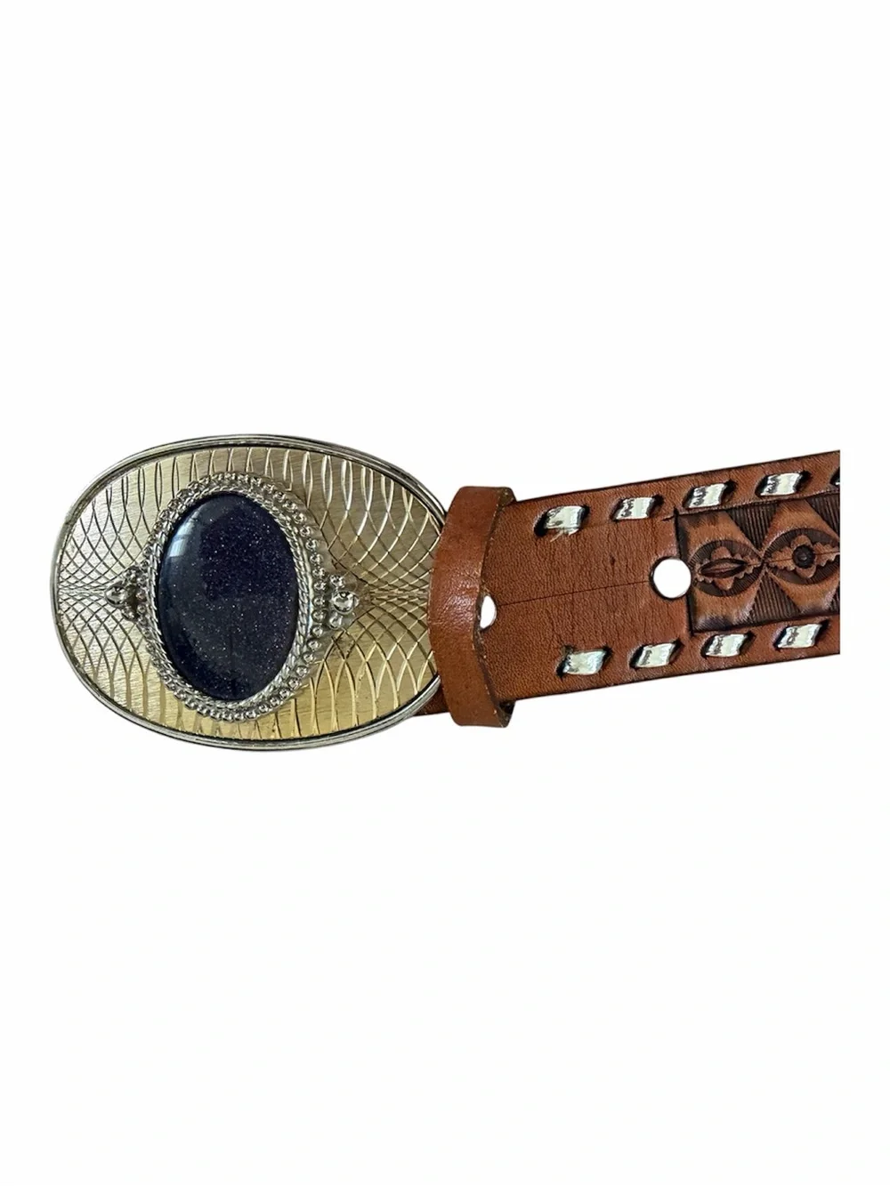 Men's Brown Leather Western Belt with Silver Trim & Decorative Blue Stone Buckle
